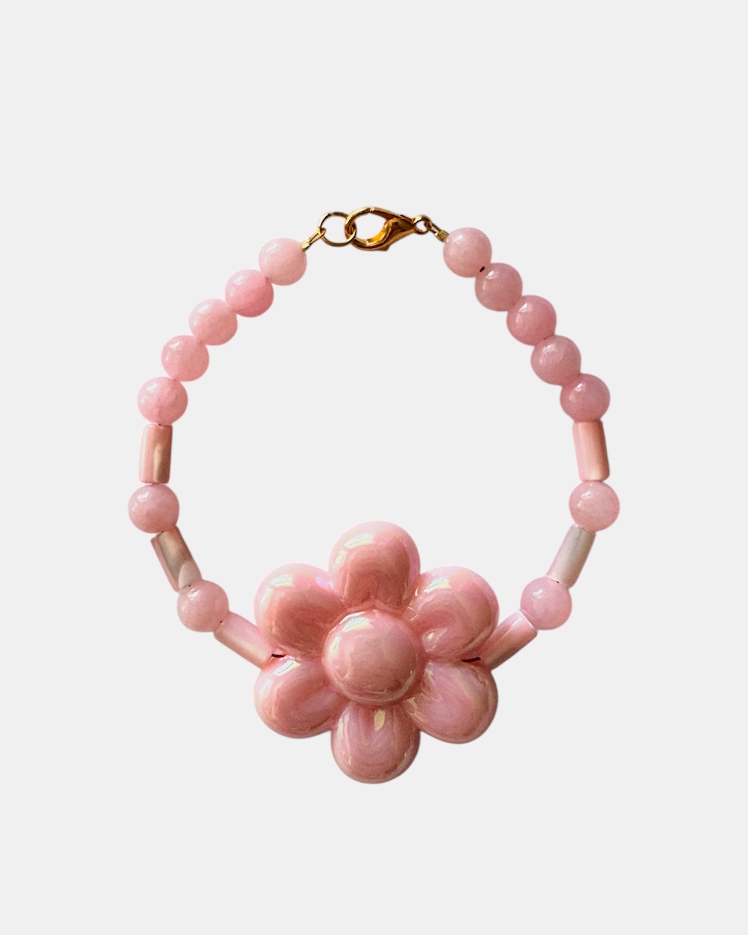 Χρυσό Βραχιόλι με Ροζ Χάντρες και Κεραμικό Λουλούδι