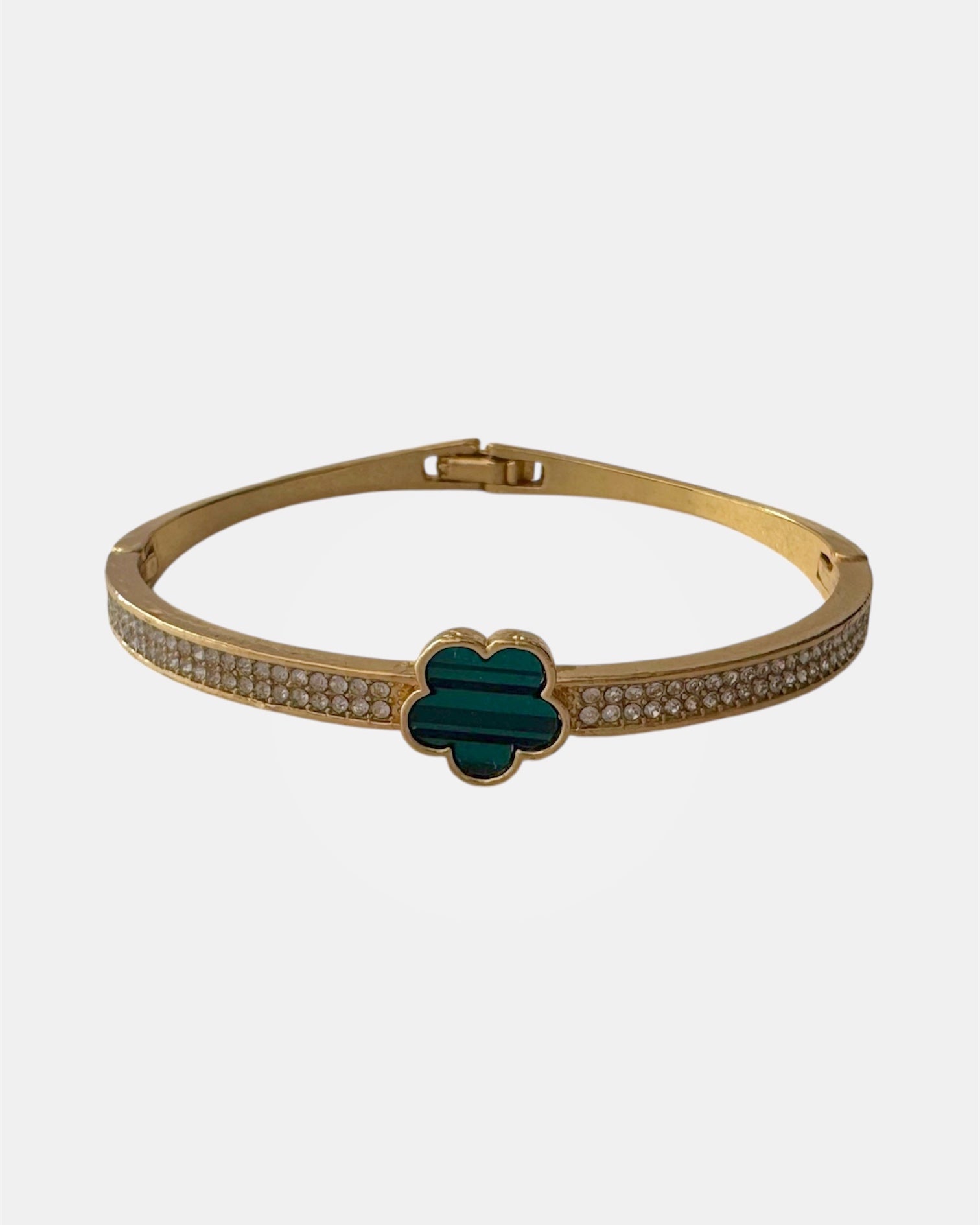 Χρυσό Βραχιόλι Χειροπέδα Με Πράσινο Λουλούδι Και Λευκά Ζιργκόν