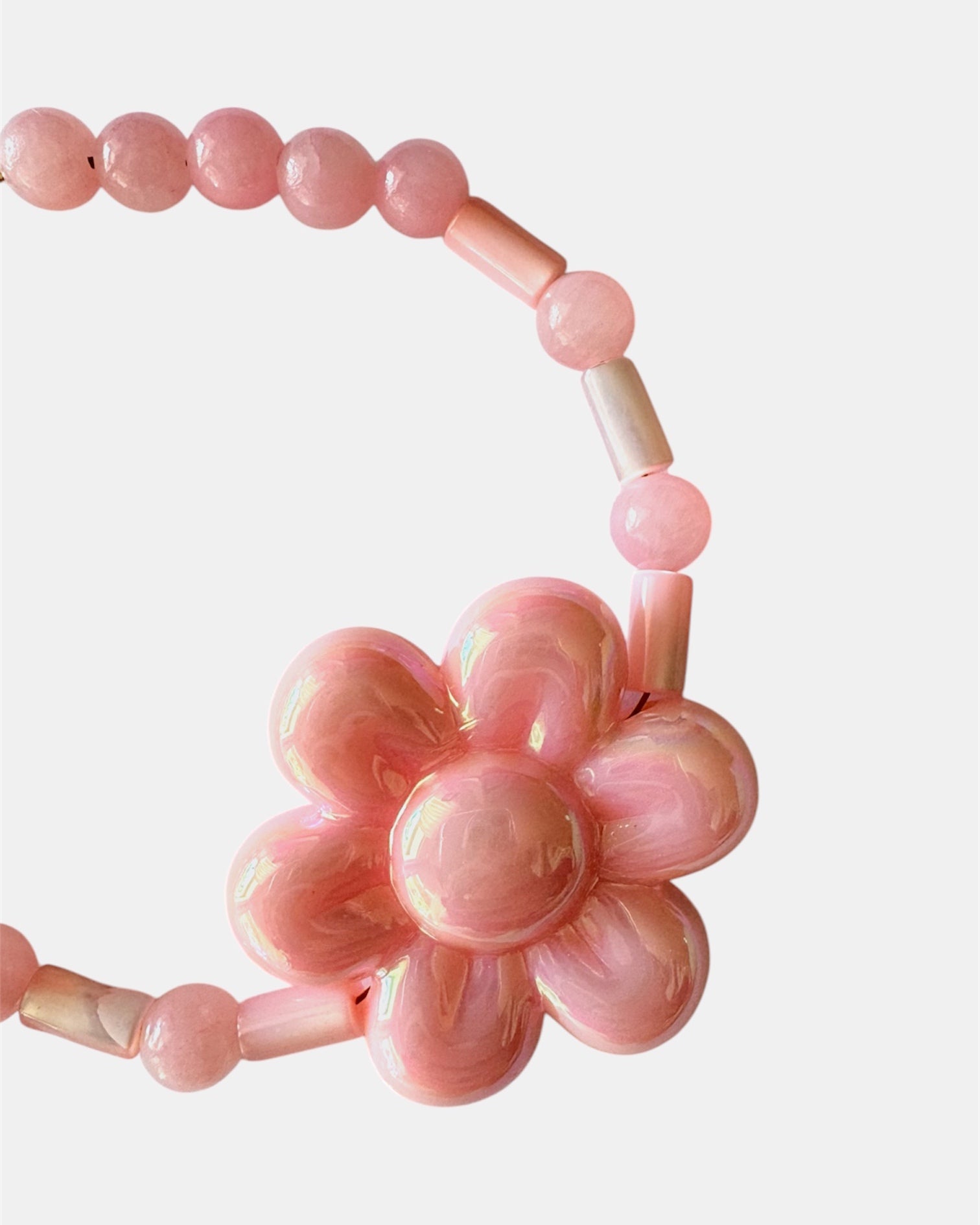 Χρυσό Βραχιόλι με Ροζ Χάντρες και Κεραμικό Λουλούδι