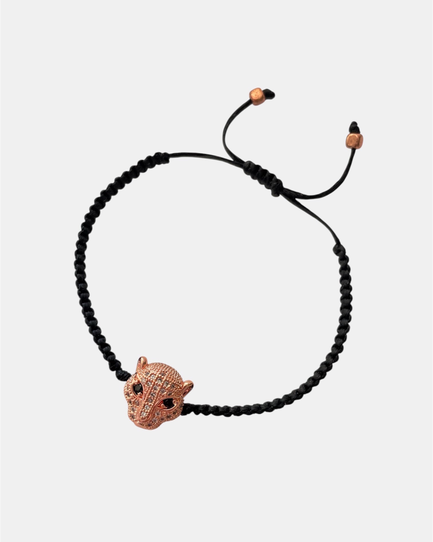 Μακραμέ Βραχιόλι Μαύρο με Ροζ Χρυσό Πάνθηρα