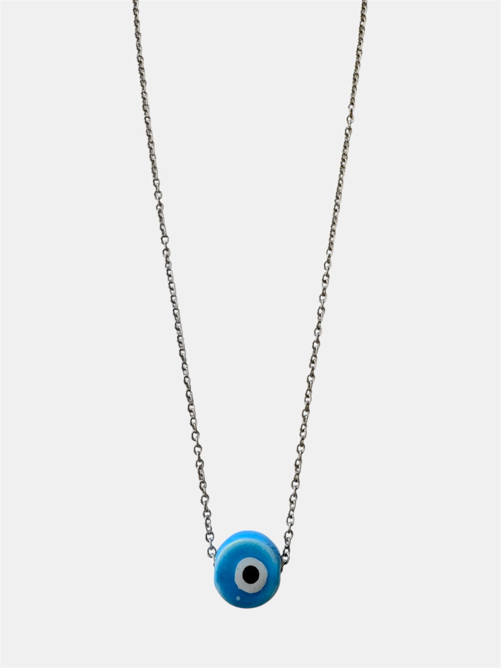 Ασημί κολιέ με αλυσίδα και μπλε κεραμικό μάτι, γυναικείο κόσμημα με ματάκι.