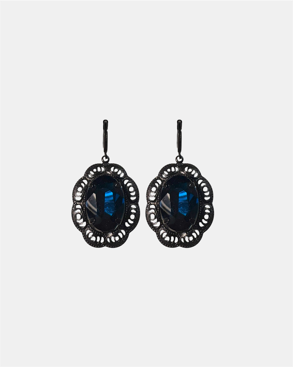 Black dangling earrings featuring a blue gemstone, elegant jewelry design on a plain background.