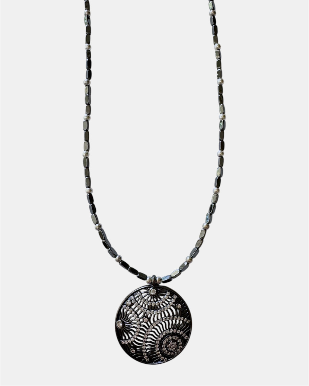 black necklace with round pendant, elegant jewelry piece for women and girls