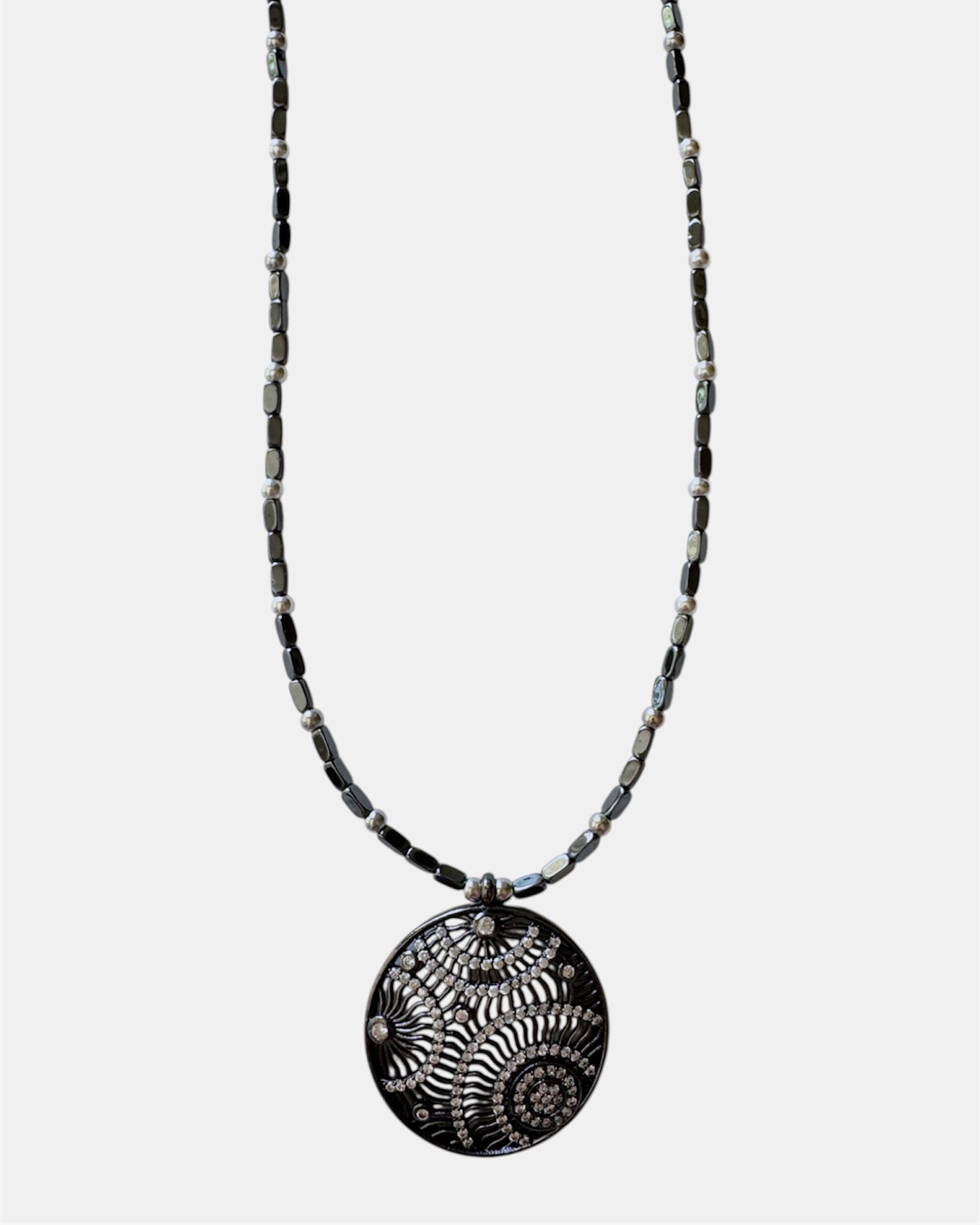 black necklace with round pendant, elegant jewelry piece for women and girls