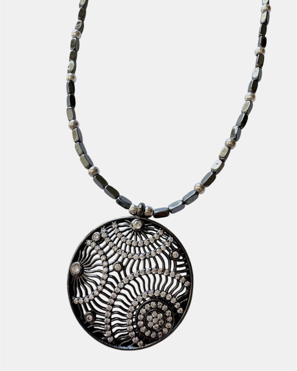 black necklace with round pendant, elegant jewelry piece for women and girls