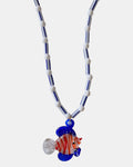 blue and white necklace with glass beads and fish charm, handmade jewelry piece for women and girls