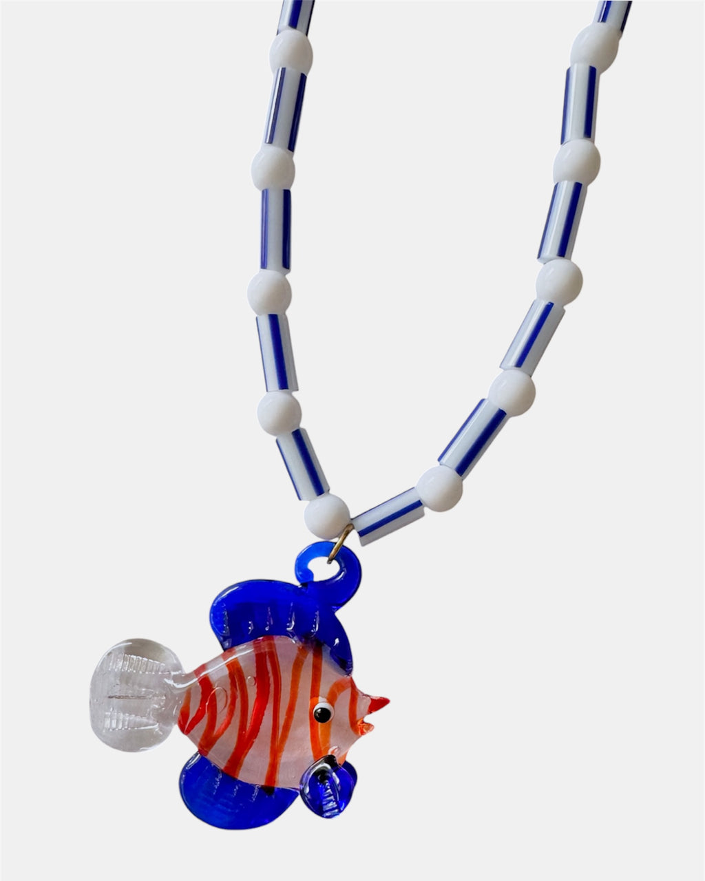blue and white necklace with glass beads and fish charm, handmade jewelry piece for women and girls