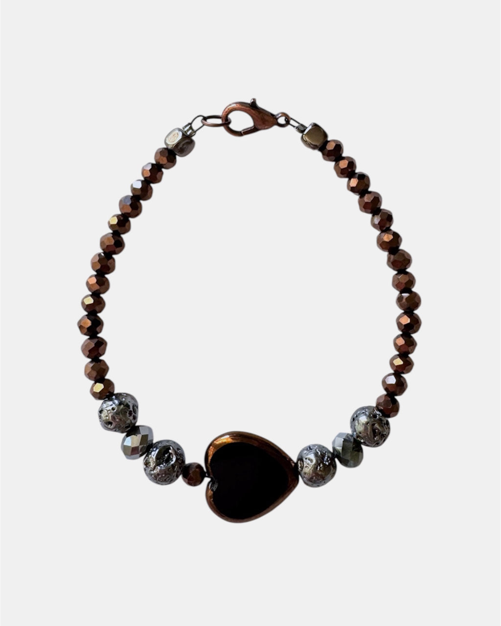 brown bracelet with glass beads and heart charm, handmade jewelry piece for women and girls
