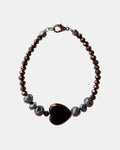 brown bracelet with glass beads and heart charm, handmade jewelry piece for women and girls