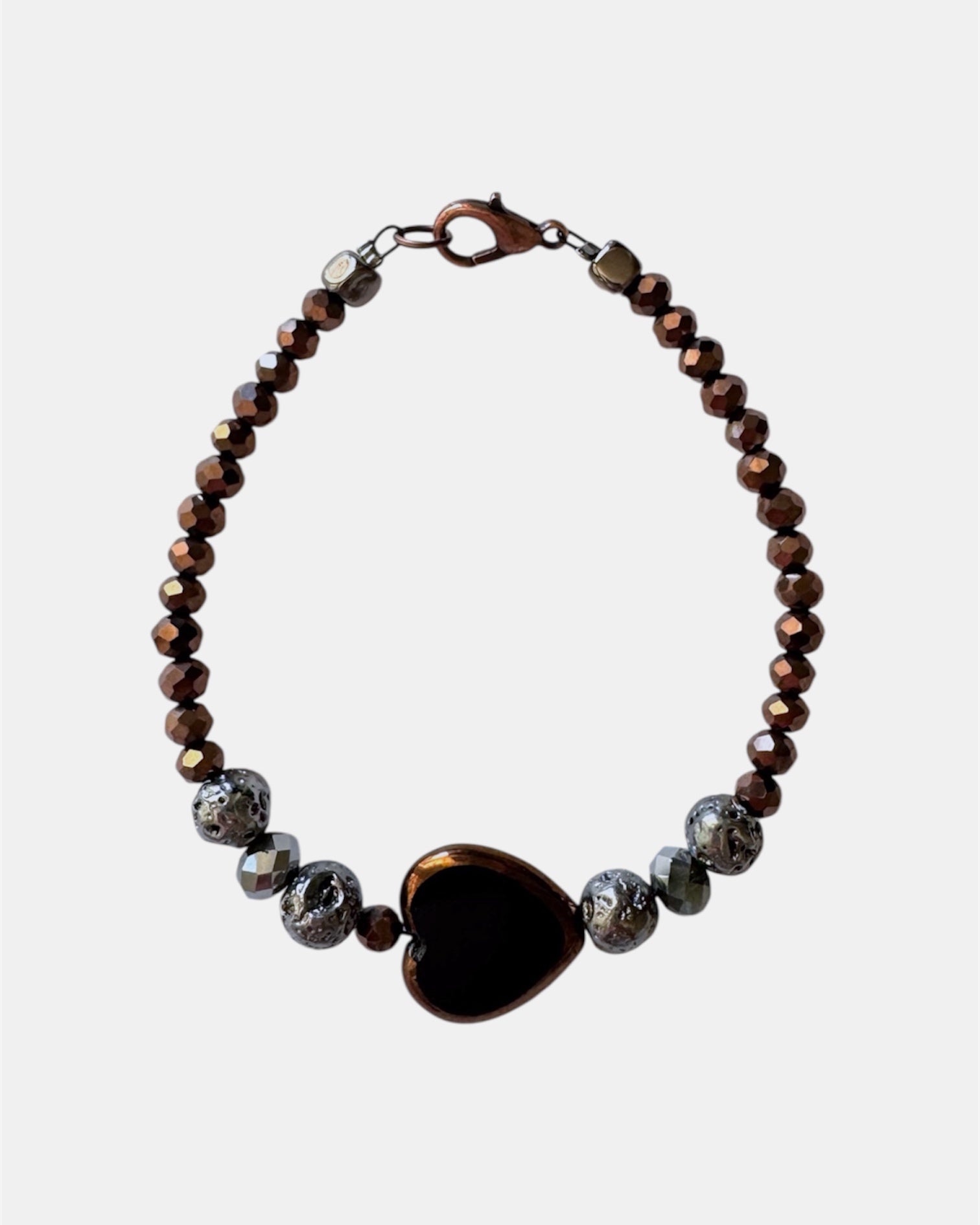 brown bracelet with glass beads and heart charm, handmade jewelry piece for women and girls