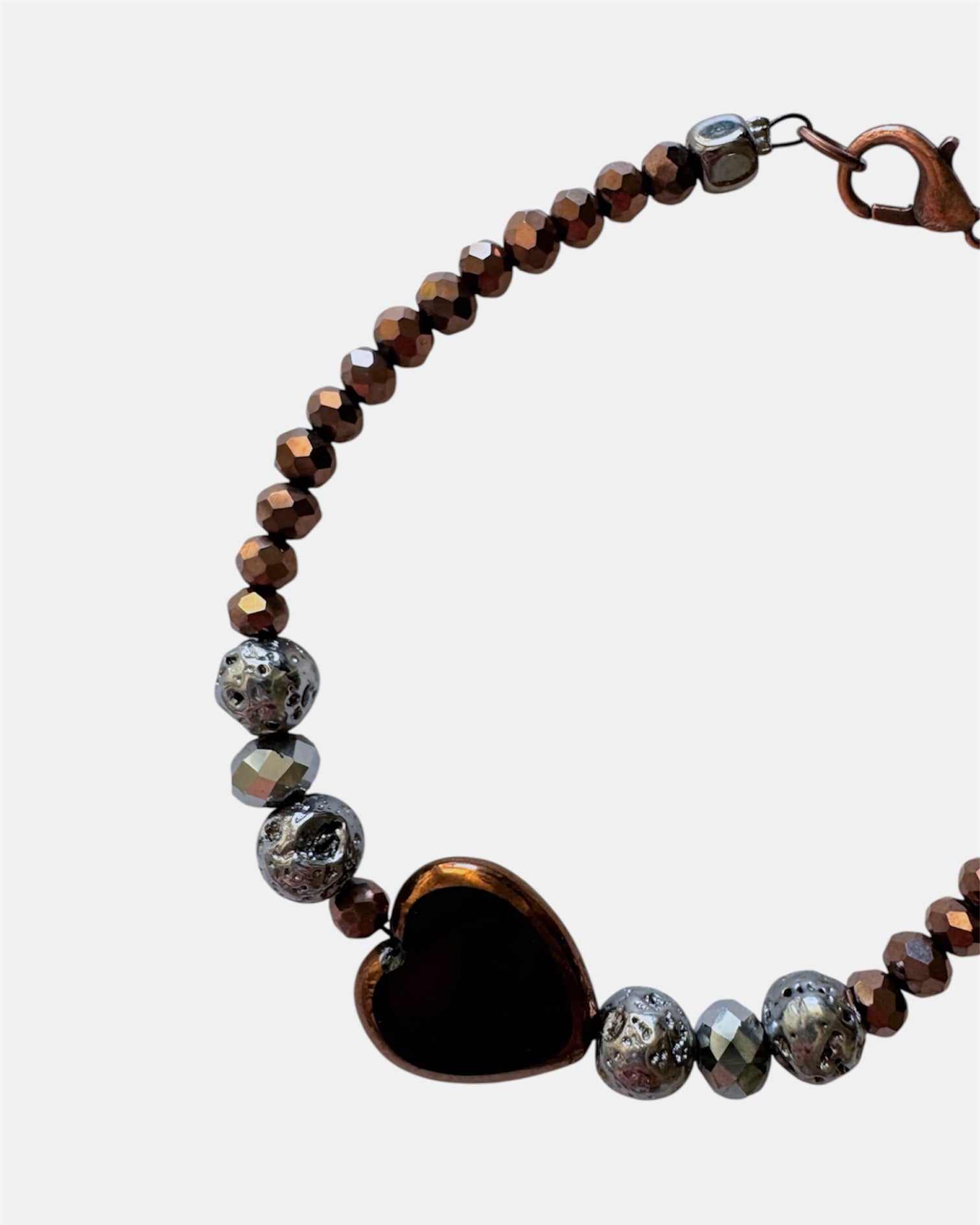 brown bracelet with glass beads and heart charm, handmade jewelry piece for women and girls