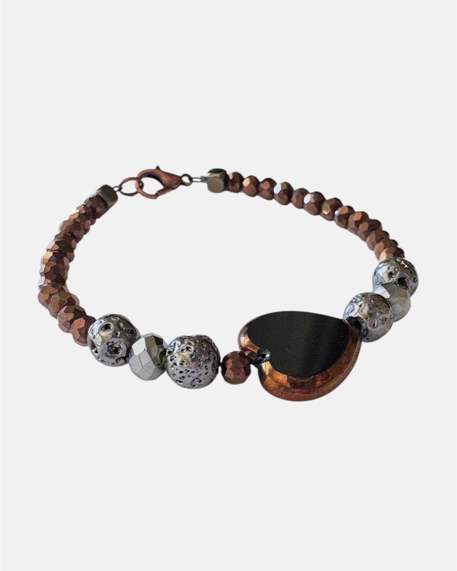 brown bracelet with glass beads and heart charm, handmade jewelry piece for women and girls