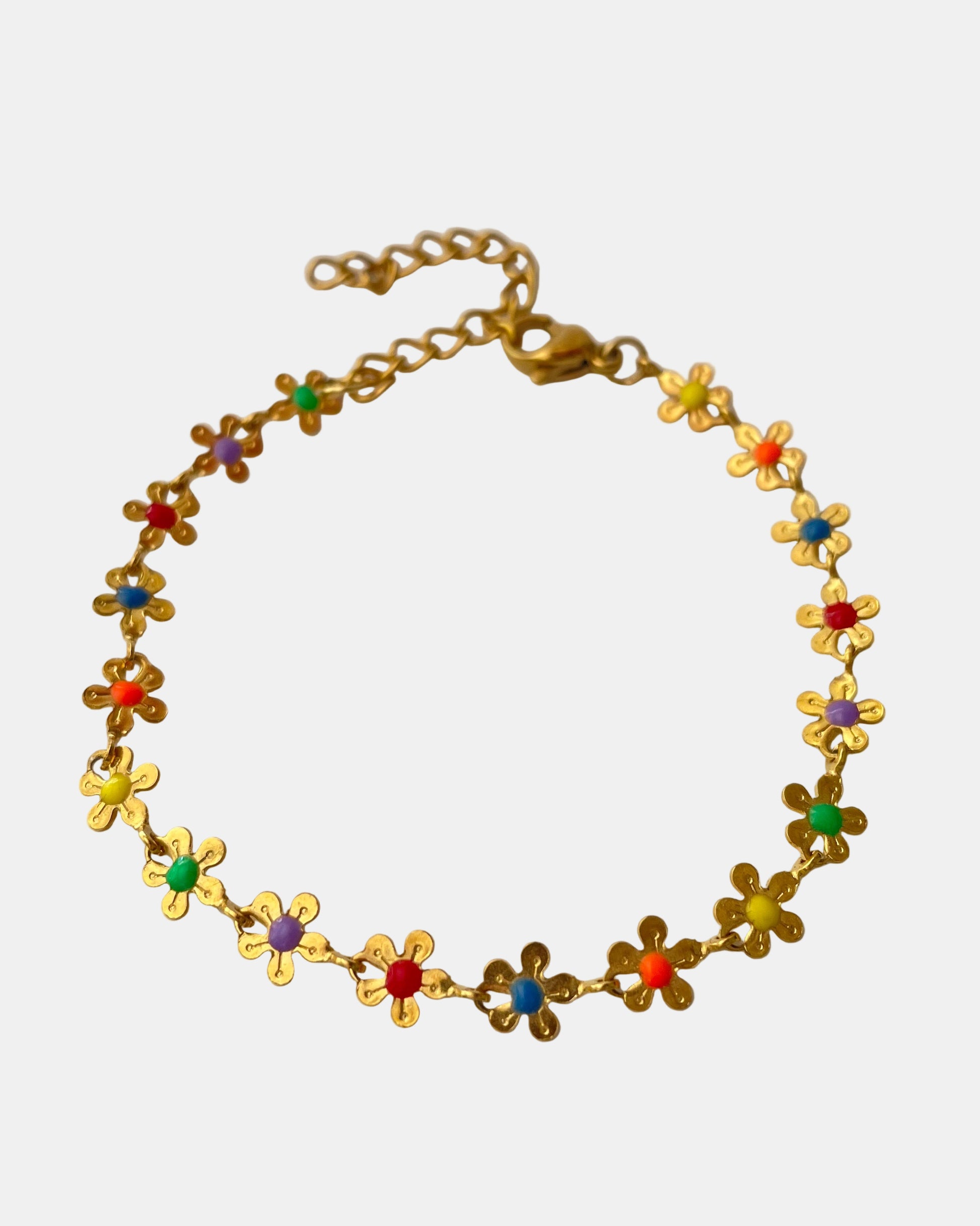 Χρυσό βραχιόλι αλυσίδα διακοσμημένο με μικρά πολύχρωμα λουλούδια.