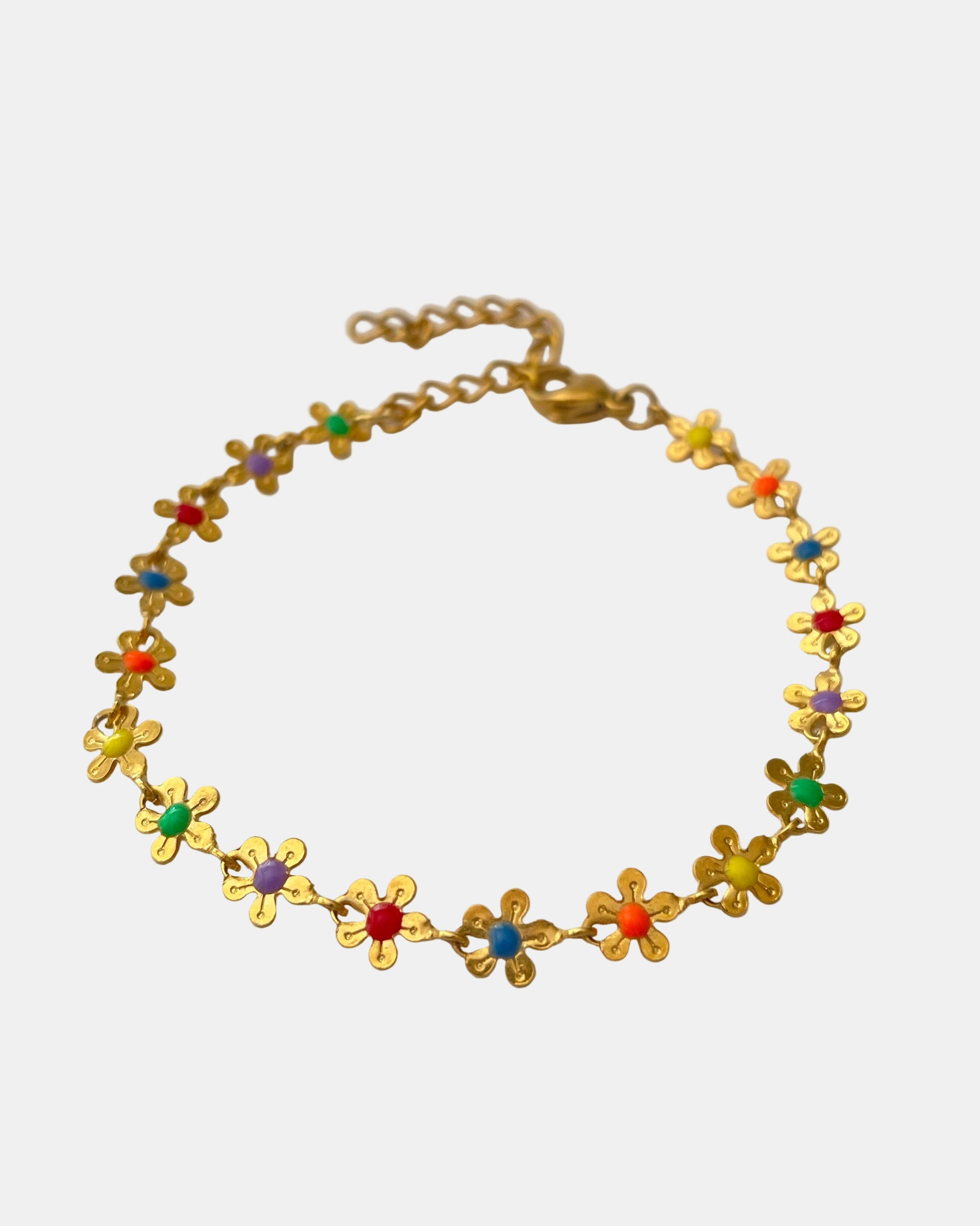 Χρυσό βραχιόλι αλυσίδα διακοσμημένο με μικρά πολύχρωμα λουλούδια.