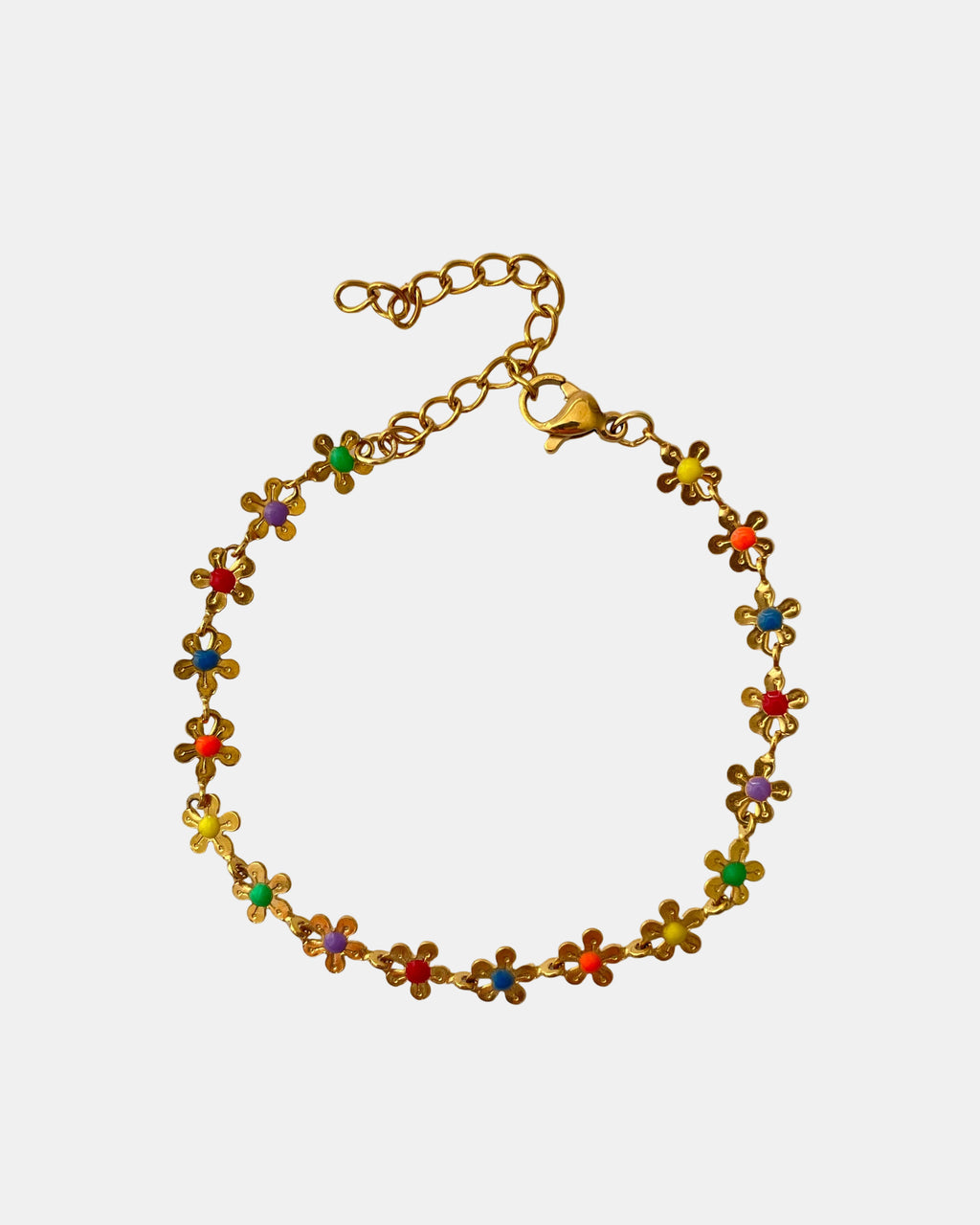 Χρυσό βραχιόλι αλυσίδα διακοσμημένο με μικρά πολύχρωμα λουλούδια.