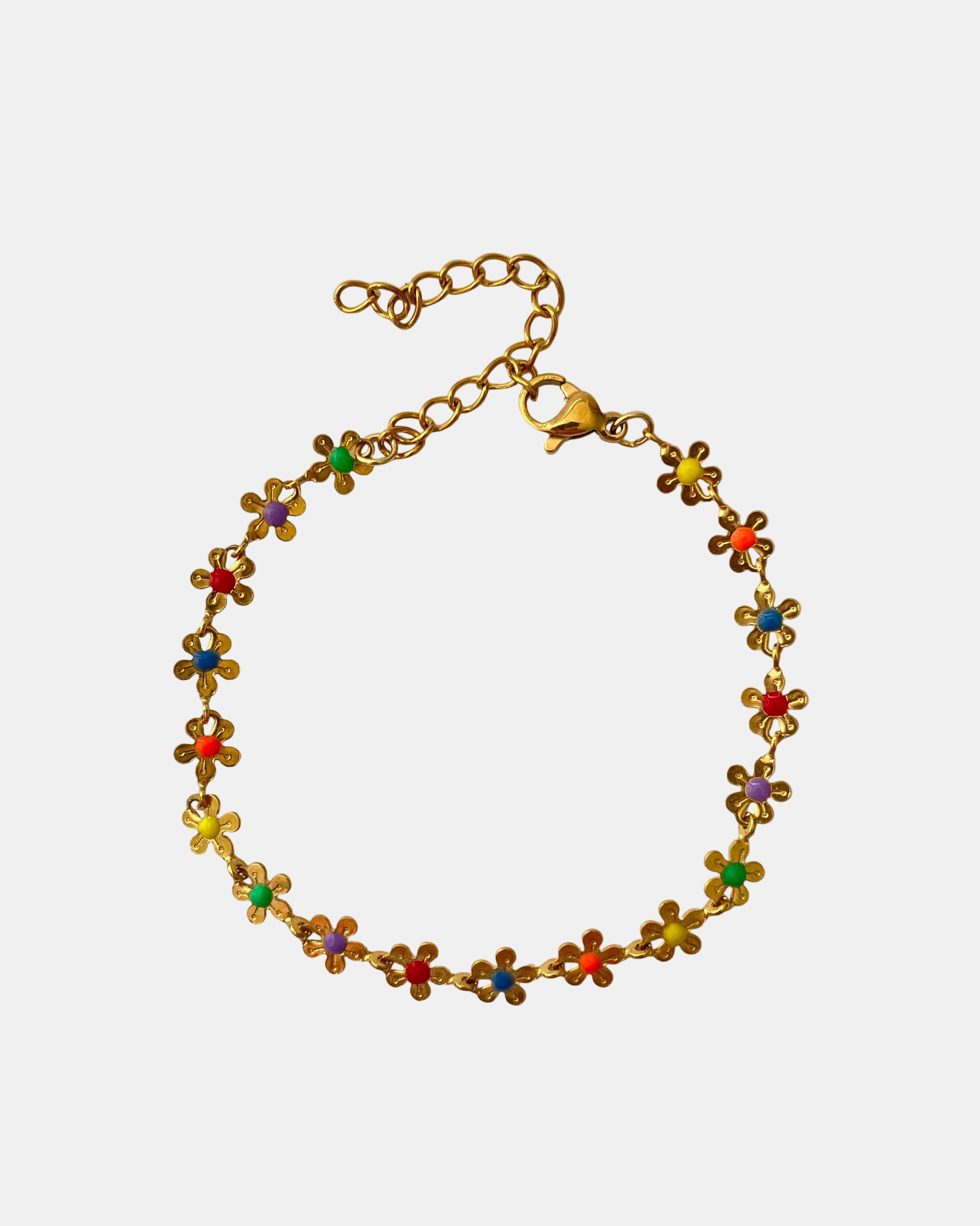 Χρυσό βραχιόλι αλυσίδα διακοσμημένο με μικρά πολύχρωμα λουλούδια.
