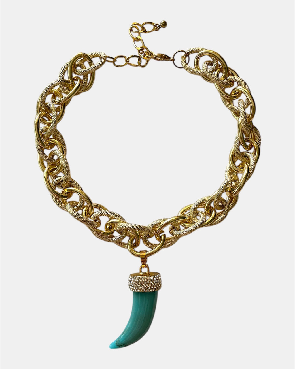 Chunky gold chain necklace with turquoise horn pendant