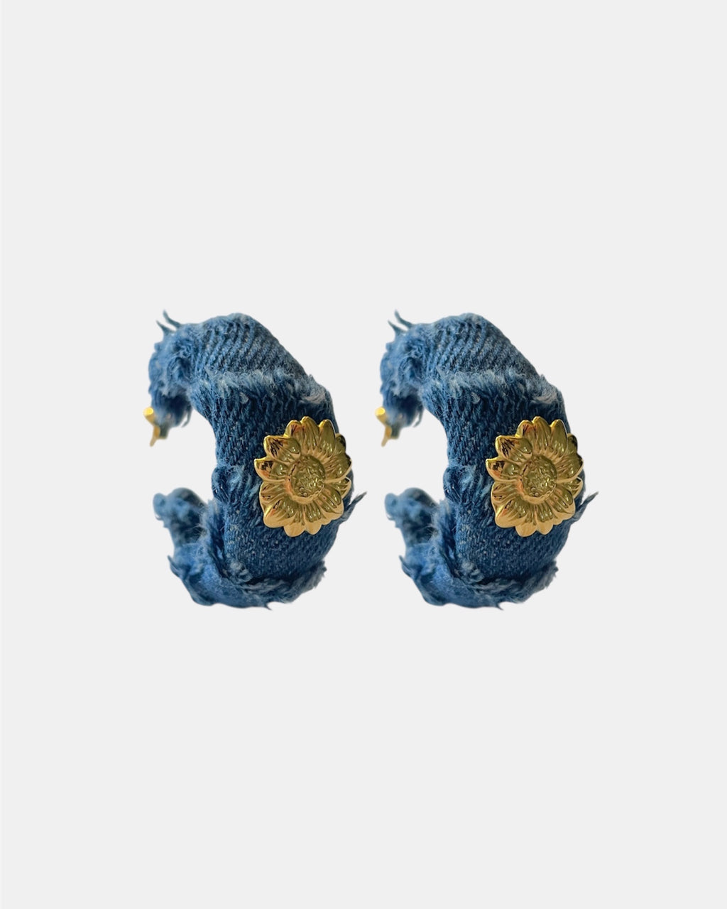 Denim handmade earrings with gold flower.
