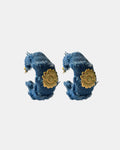 Denim handmade earrings with gold flower.
