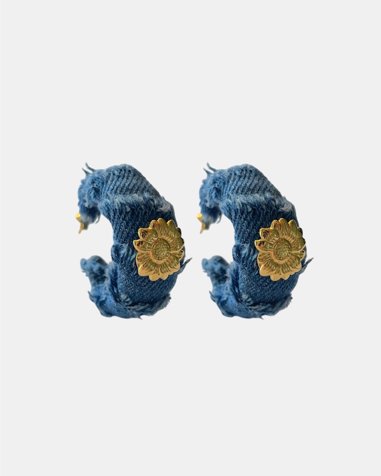 Denim handmade earrings with gold flower.