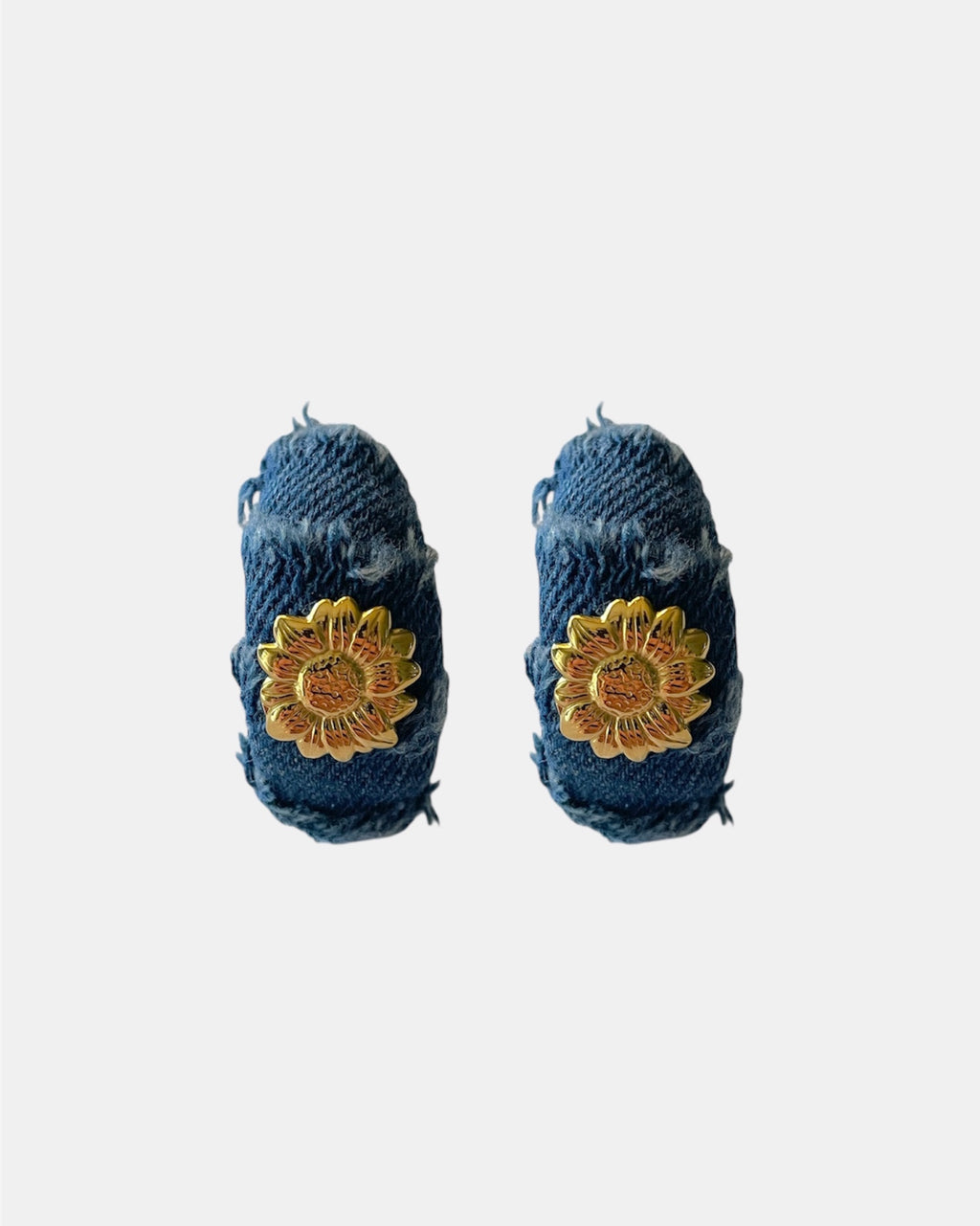 Denim handmade earrings with gold flower.