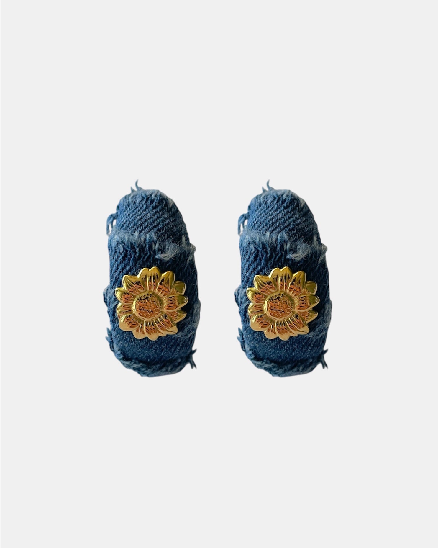 Denim handmade earrings with gold flower.