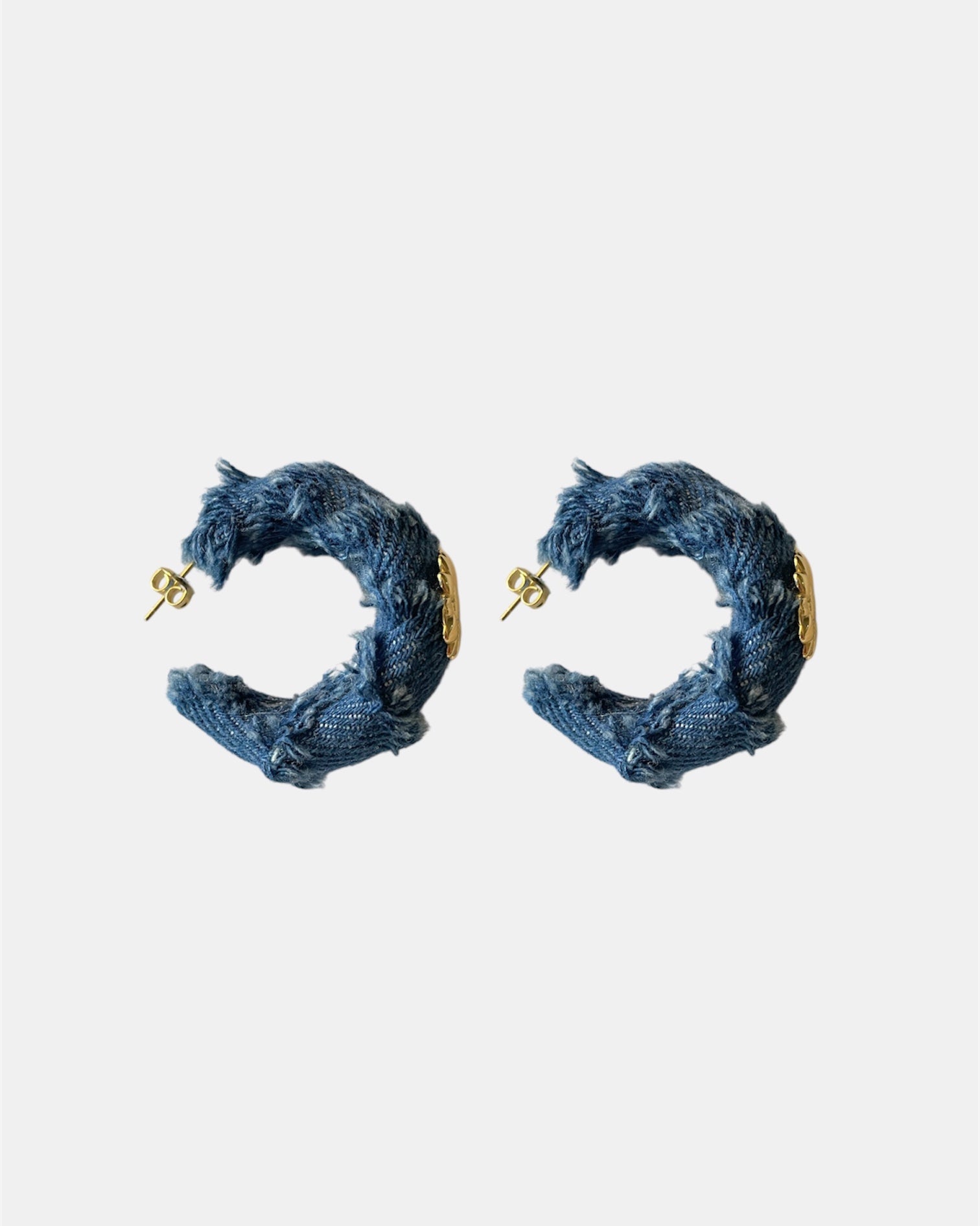 Denim handmade earrings with gold flower.