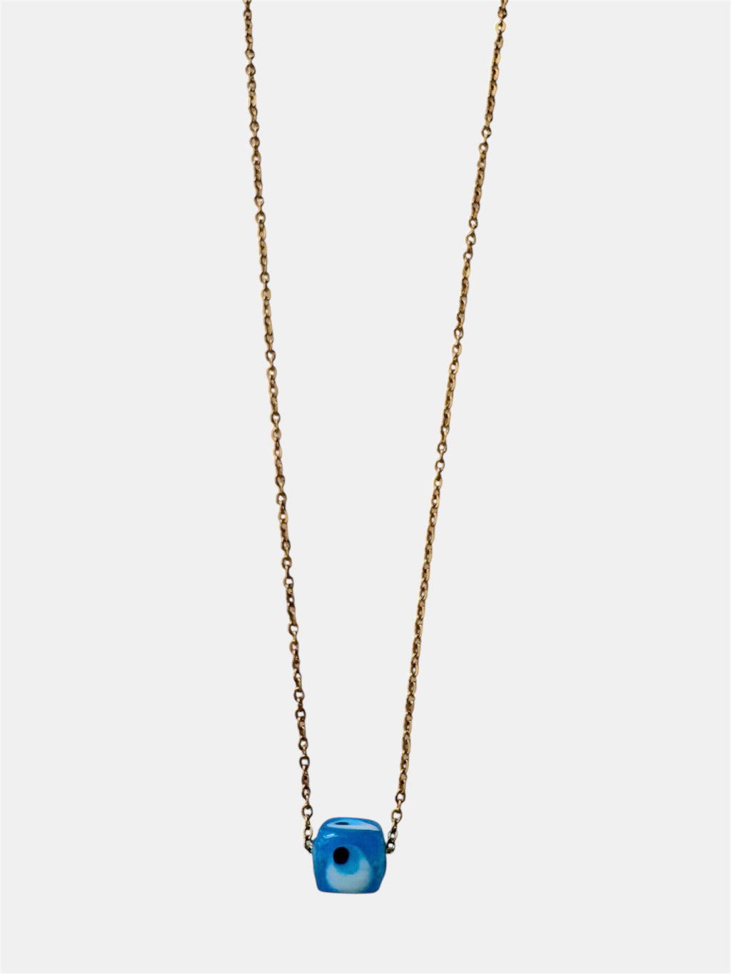 Gold chain necklace with a blue glass evil eye charm