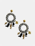 Gold dangling earrings with checkered hoop and charms.