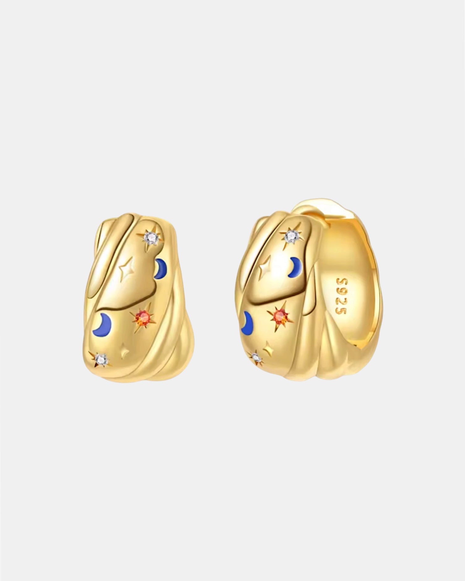 Gold moon earrings in sterling silver 925 with zircon stones