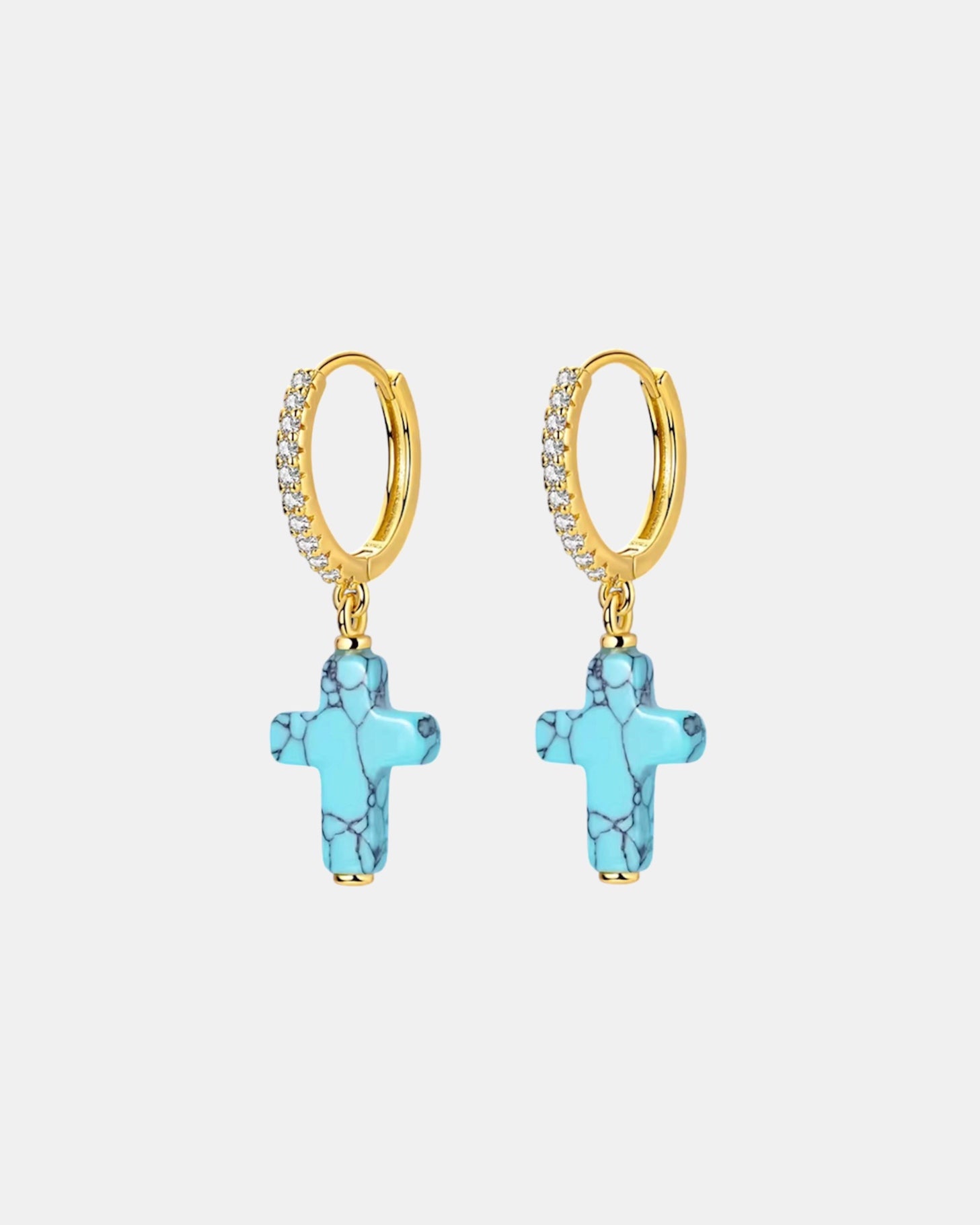 Gold earrings in sterling silver 925 with turquoise cross design