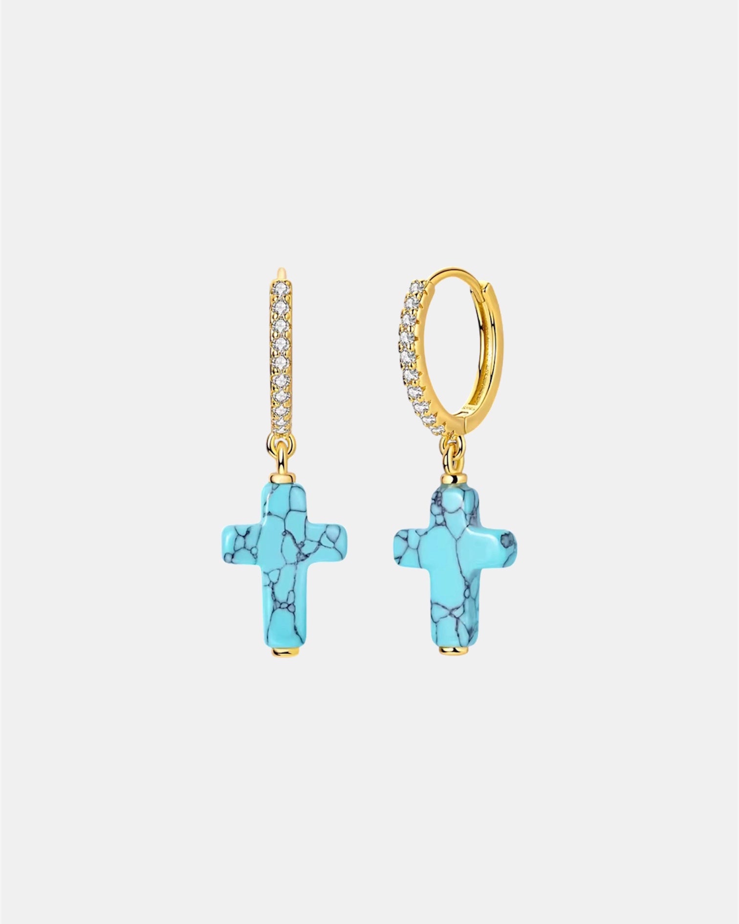 Gold earrings in sterling silver 925 with turquoise cross design