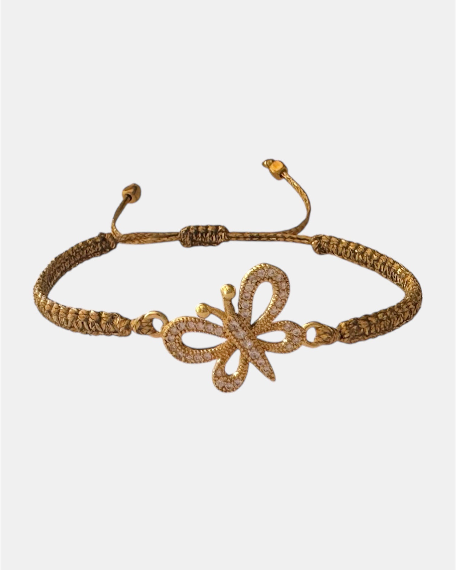 Gold macrame bracelet with butterfly charm