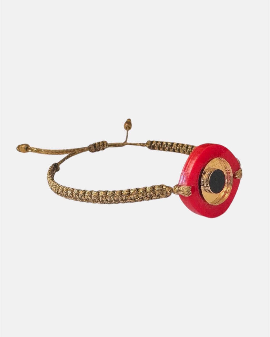 Gold macrame bracelet with plexiglass eye charm