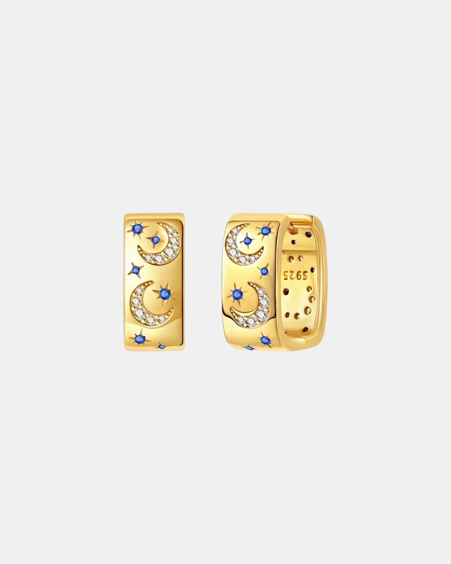Gold moon earrings with zircon in sterling silver 925