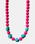 gold necklace with fuchsia beads and turquoise stones, elegant jewelry piece for women and girls