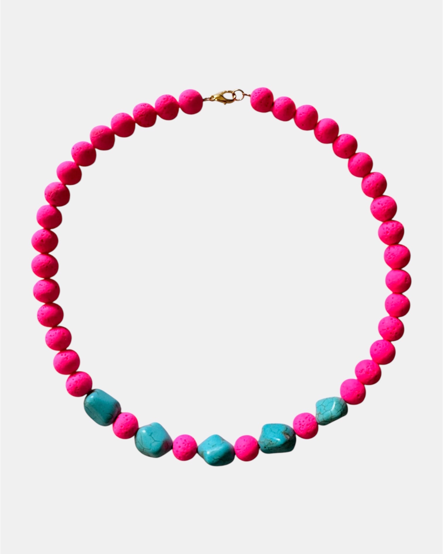 gold necklace with fuchsia beads and turquoise stones, elegant jewelry piece for women and girls
