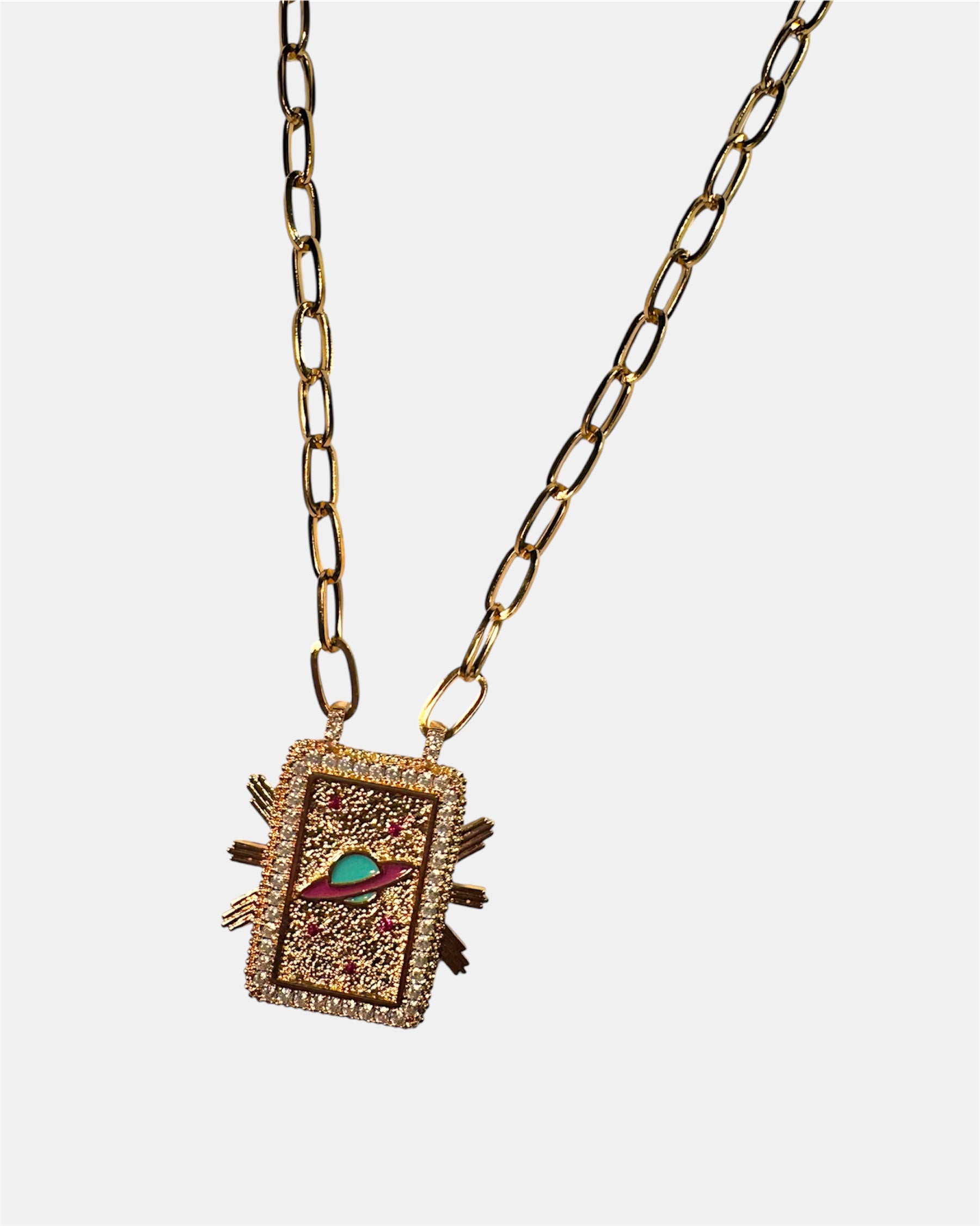 Gold necklace with a rectangular planet pendant