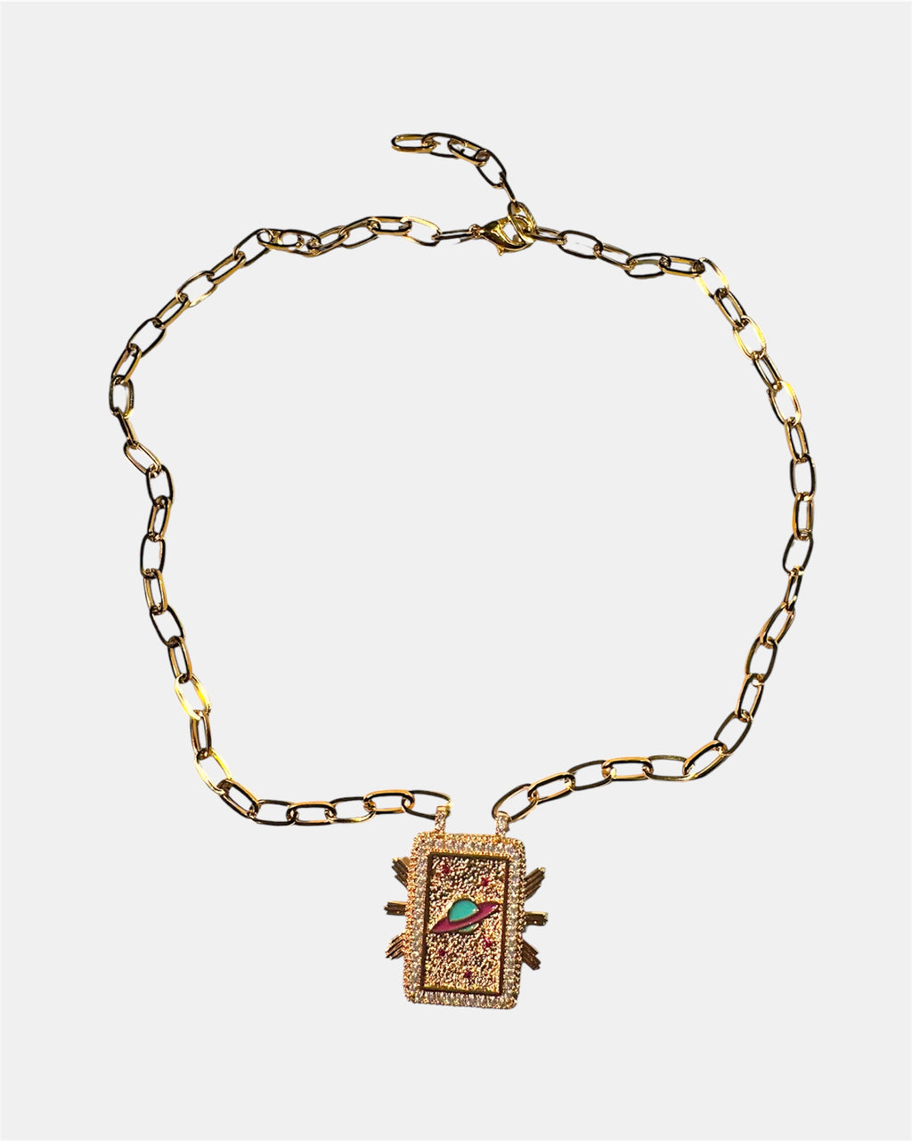 Gold necklace with a rectangular planet pendant