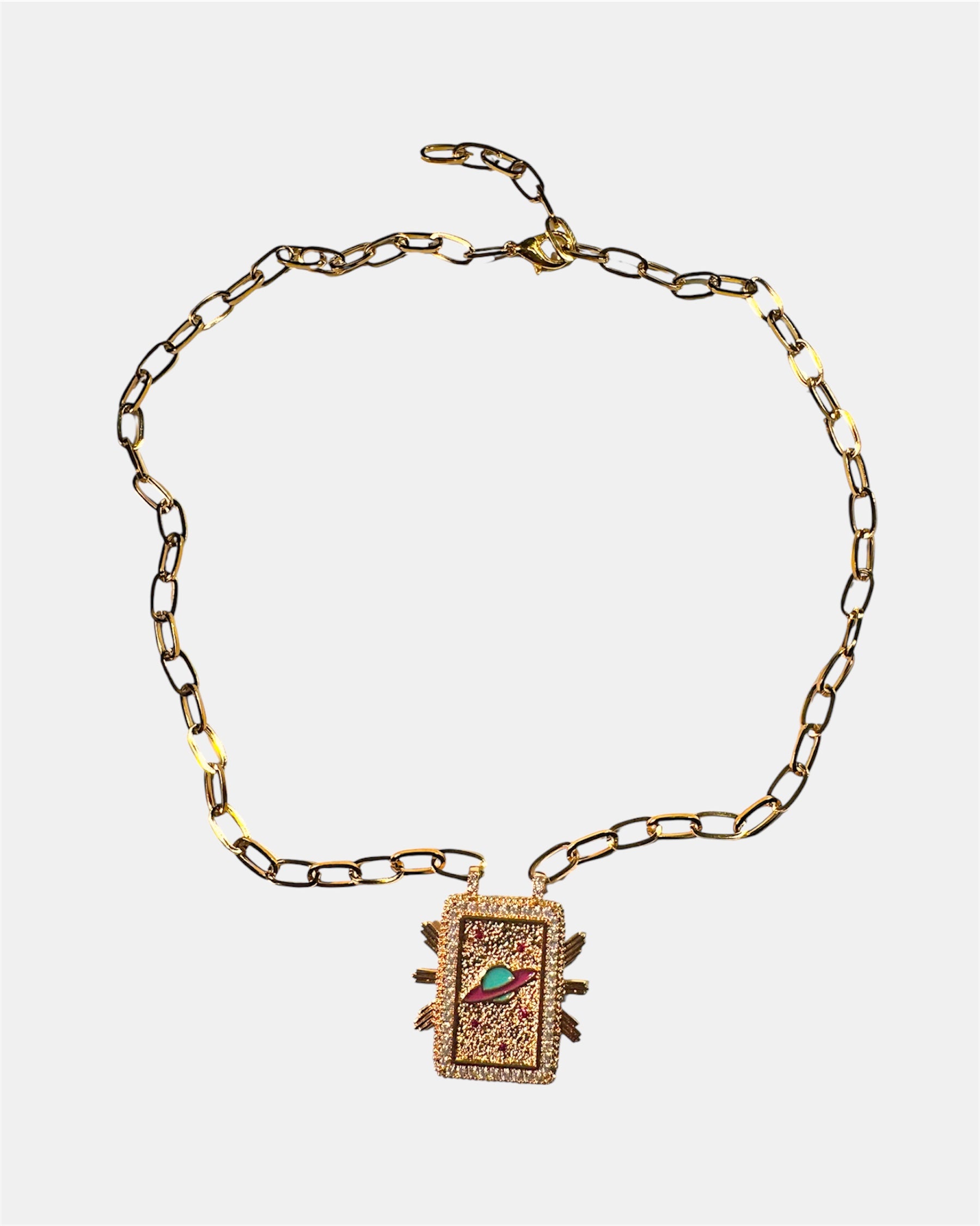 Gold necklace with a rectangular planet pendant