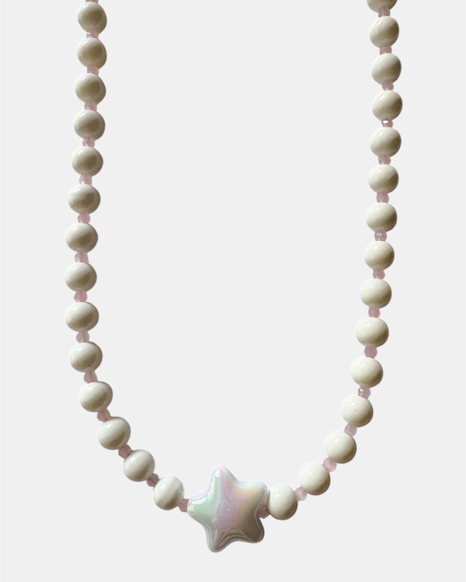 gold necklace with white beads and ceramic star charm, elegant jewelry piece for women and girls