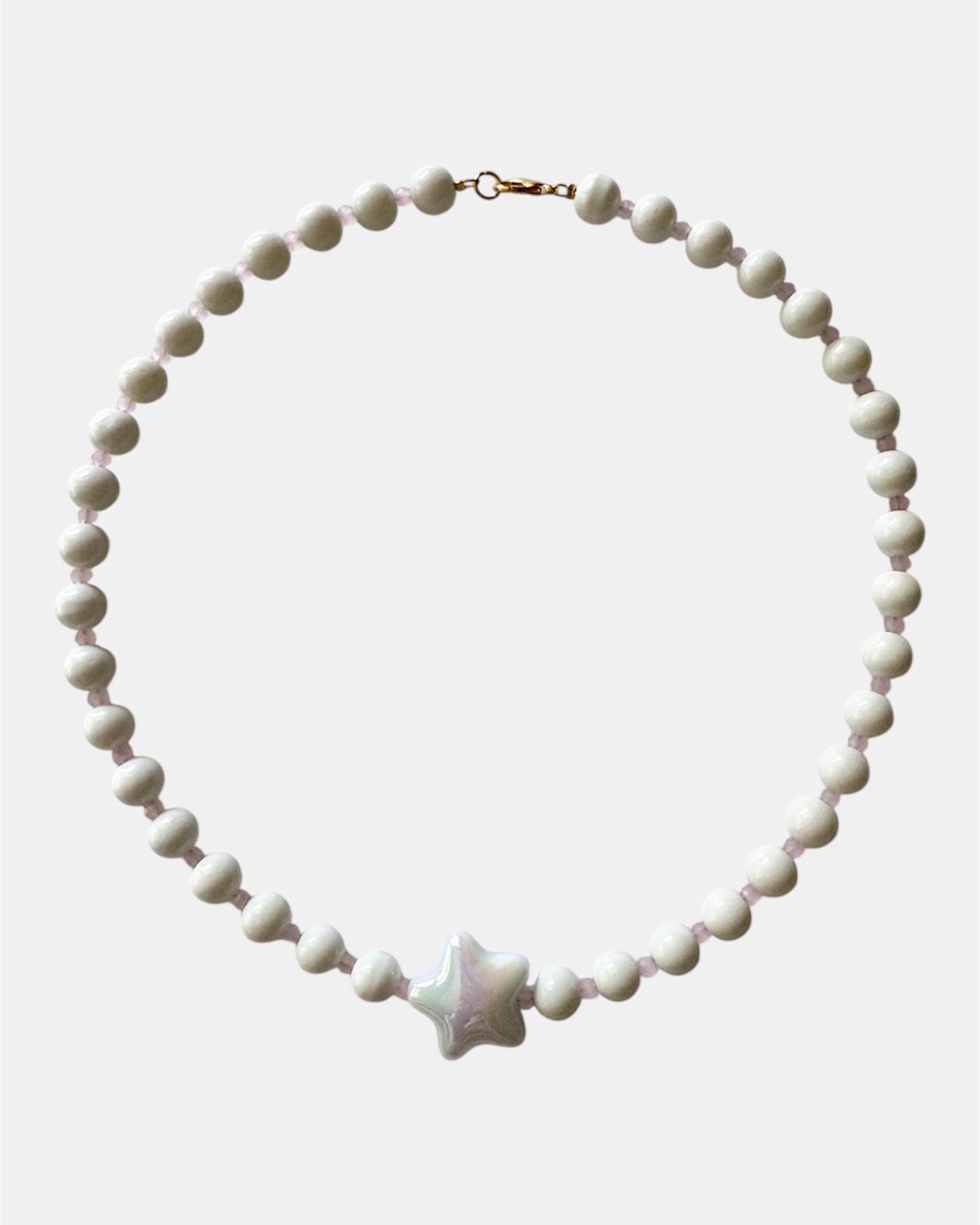 gold necklace with white beads and ceramic star charm, elegant jewelry piece for women and girls