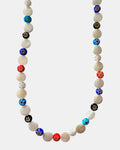 Necklace with multicolored beads on a white background