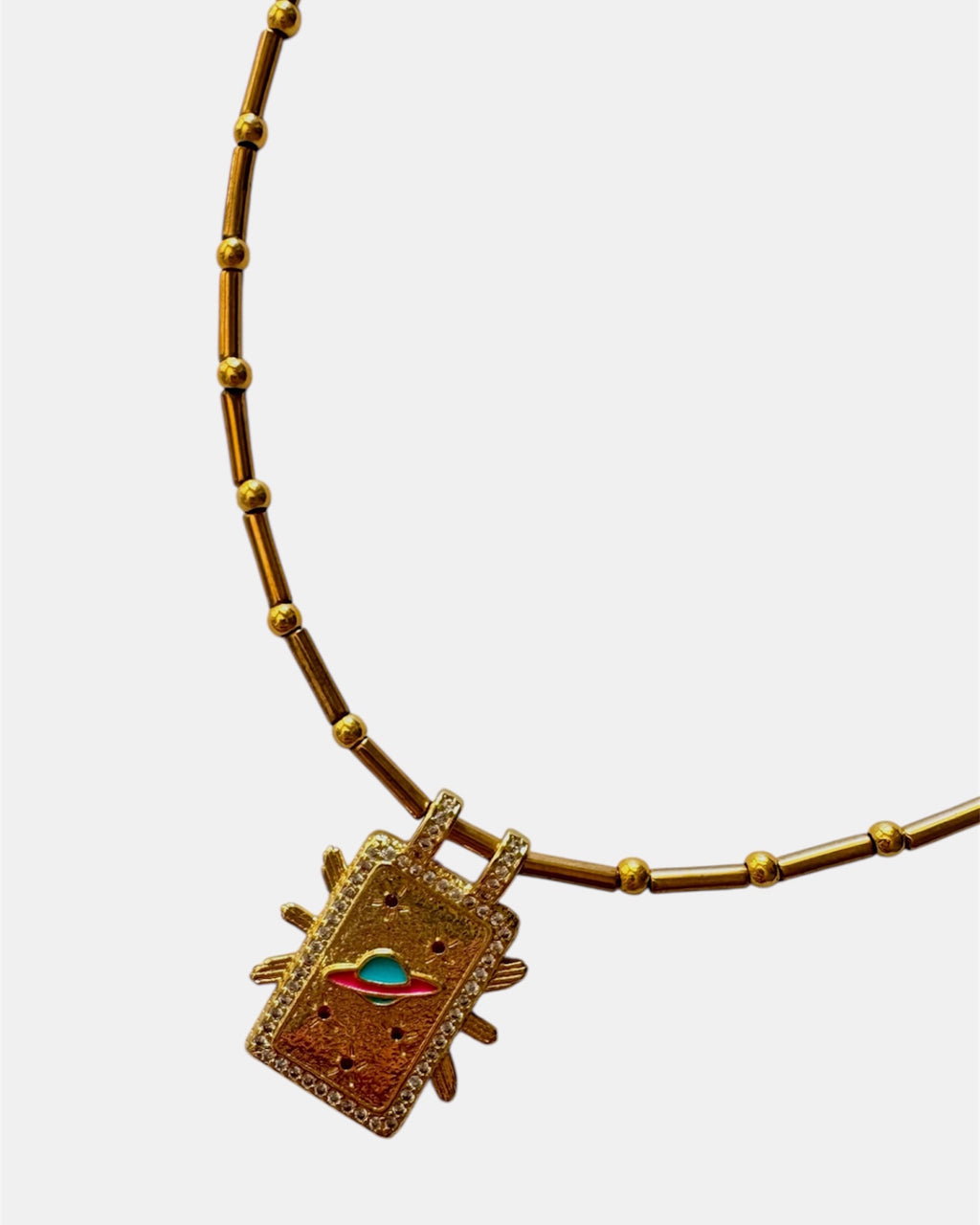 gold necklace with planet pendant, stylish jewelry piece for women and girls