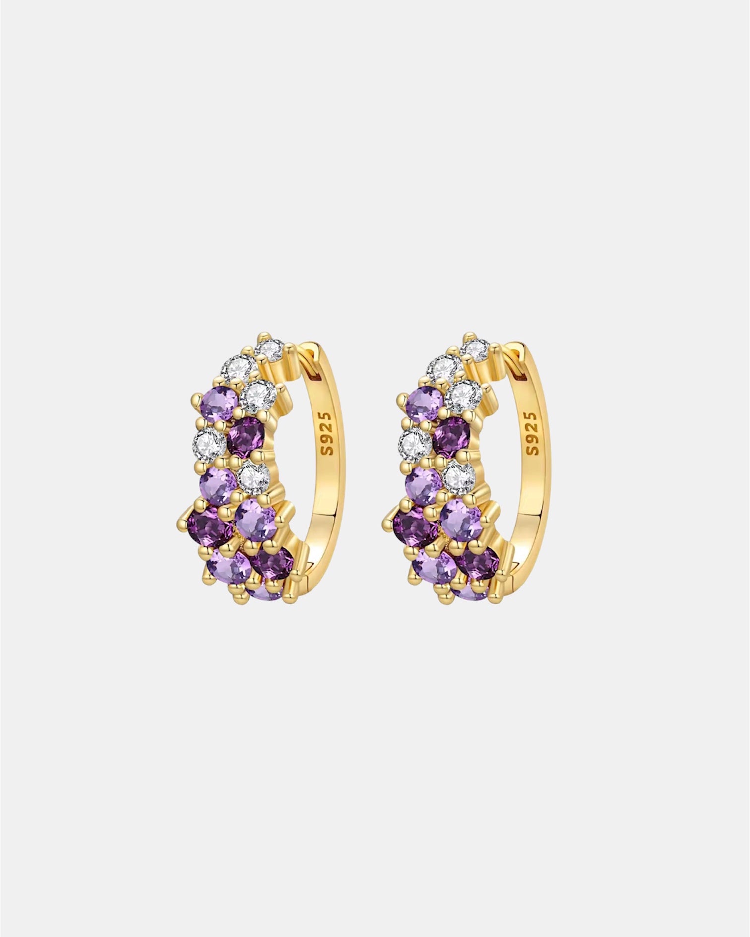 Gold plated 925 silver earrings with purple zircon stones and elegant design