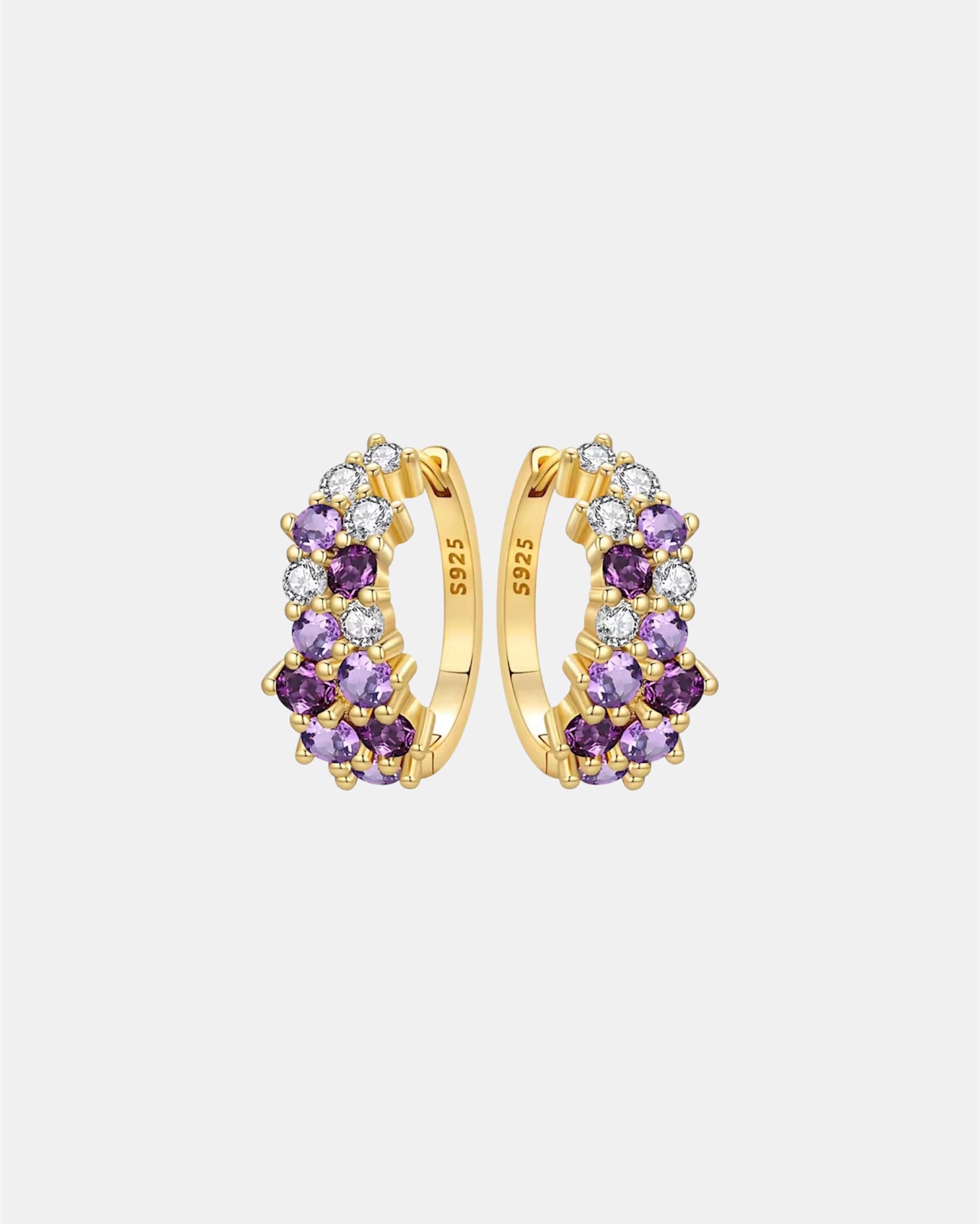 Gold plated 925 silver earrings with purple zircon stones and elegant design