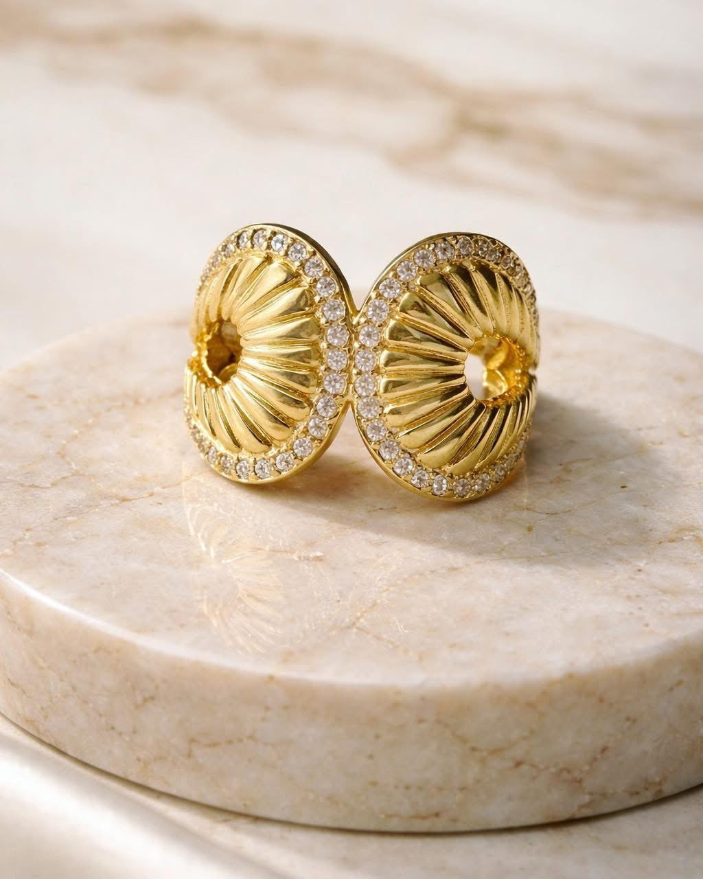 Gold seashell ring with zircon stones, elegant summer jewelry piece