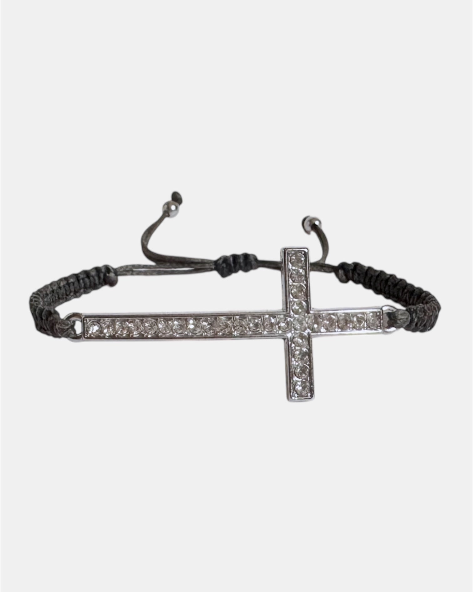 gray macrame bracelet with cross charm, handmade adjustable bracelet for women and girls
