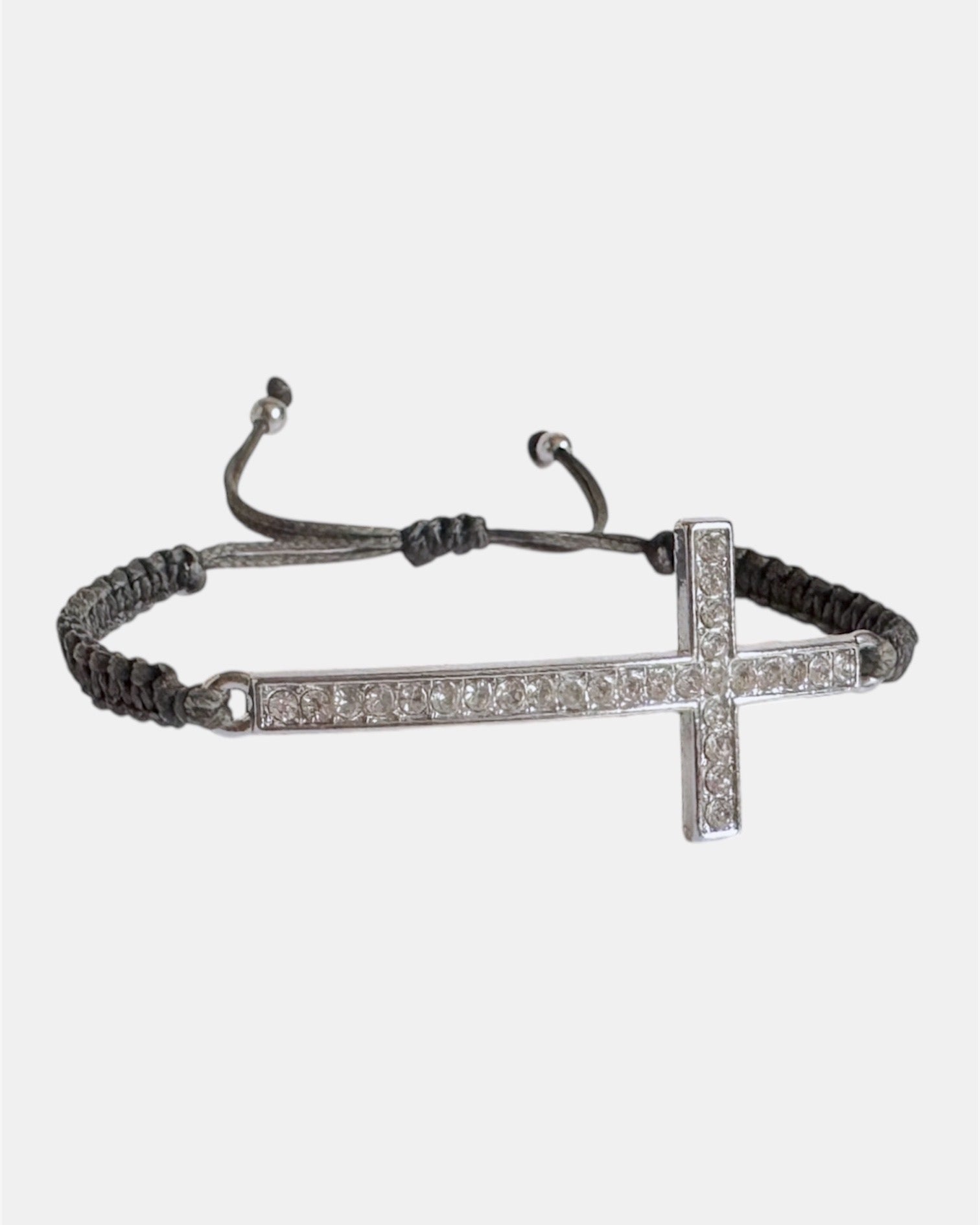gray macrame bracelet with cross charm, handmade adjustable bracelet for women and girls