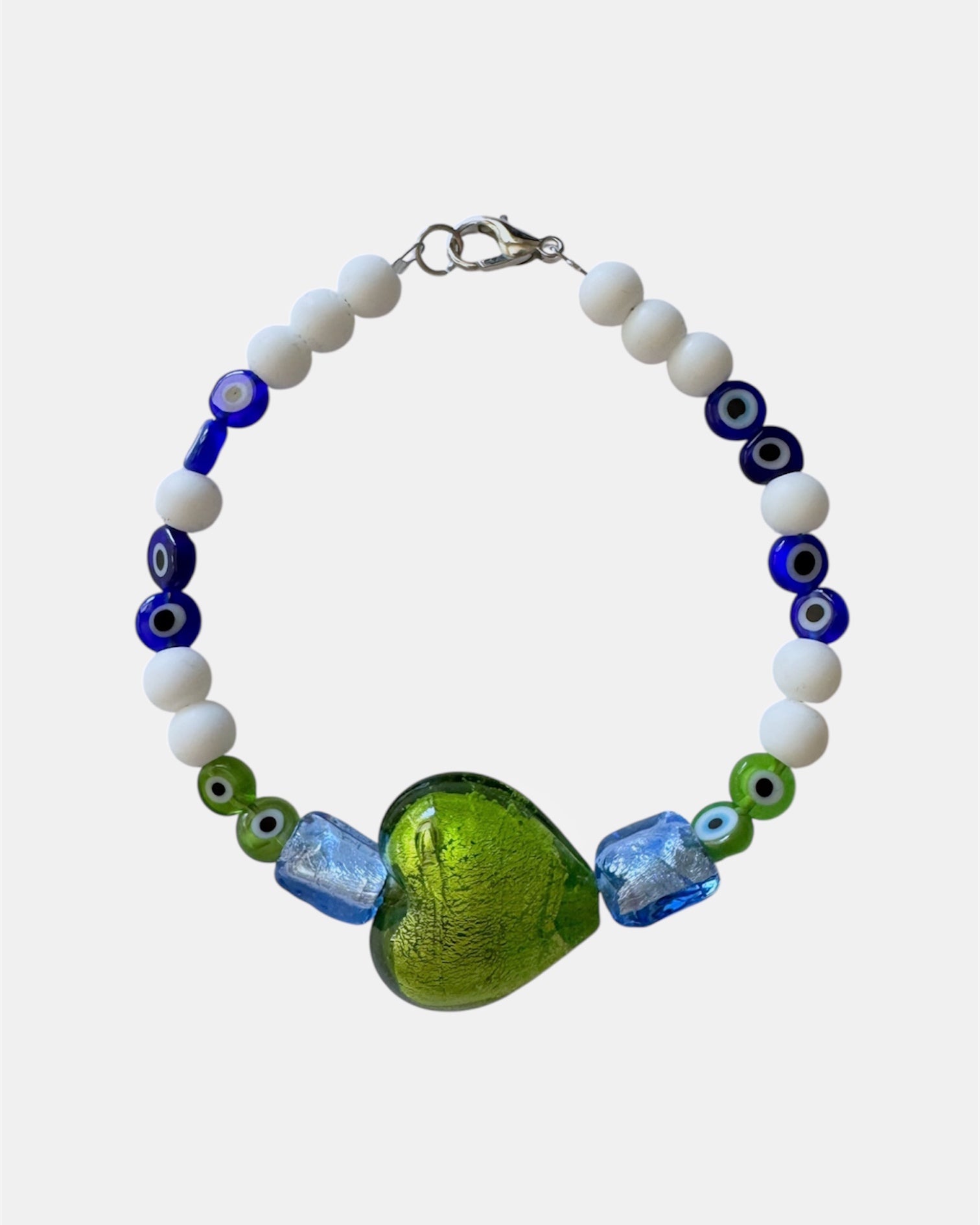 green bracelet with glass heart and evil eye beads, handmade jewelry piece for women and girls